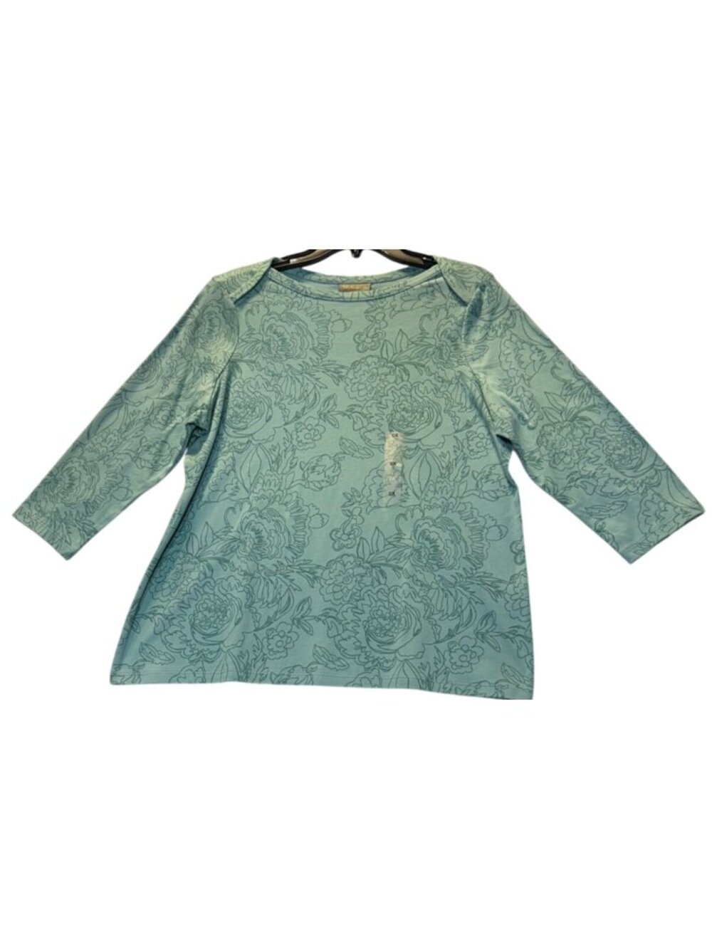 Style & Co Womens 0X Floral Top Seafoam Green Pima Cotton 3/4 Sleeve
